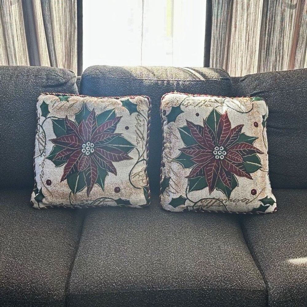Set of 2 Poinsettia Floral Tapestry Square Throw Pillows, Piped, Beige, Gold